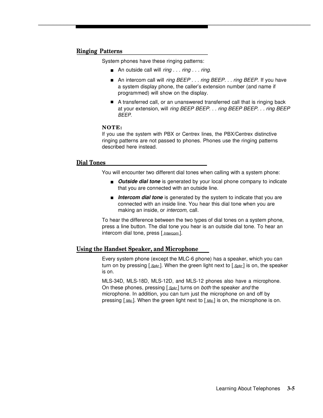 AT&T 518-455-317 manual Ringing Patterns, Dial Tones, Using the Handset Speaker, and Microphone 