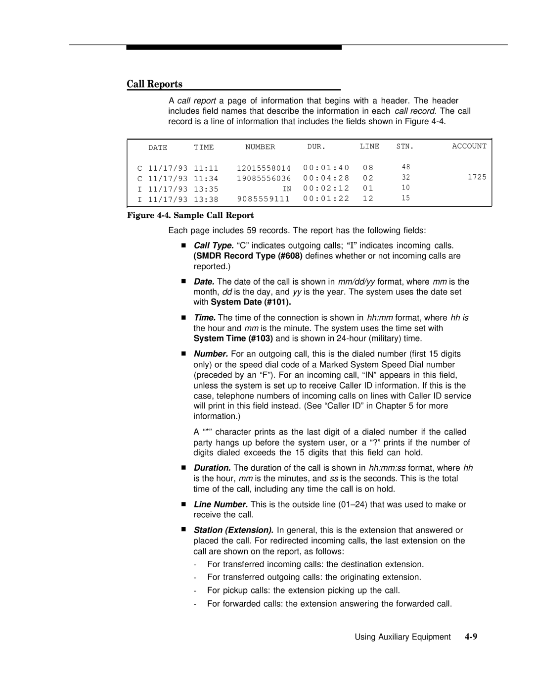 AT&T 518-455-317 manual Call Reports, Sample Call Report 