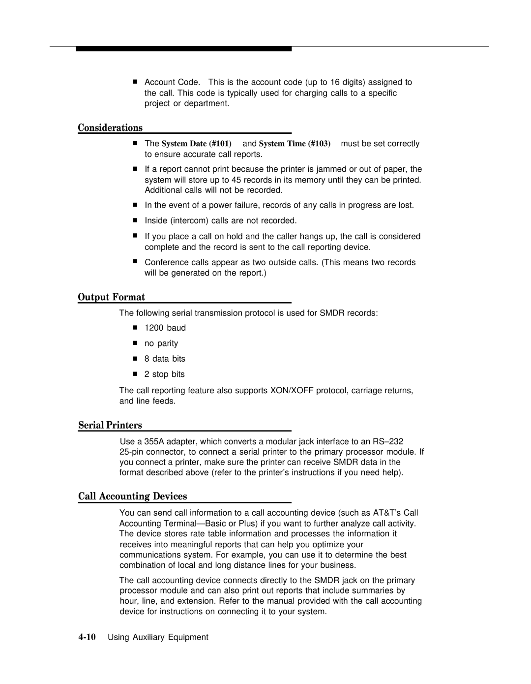 AT&T 518-455-317 manual Considerations, Output Format, Serial Printers, Call Accounting Devices 