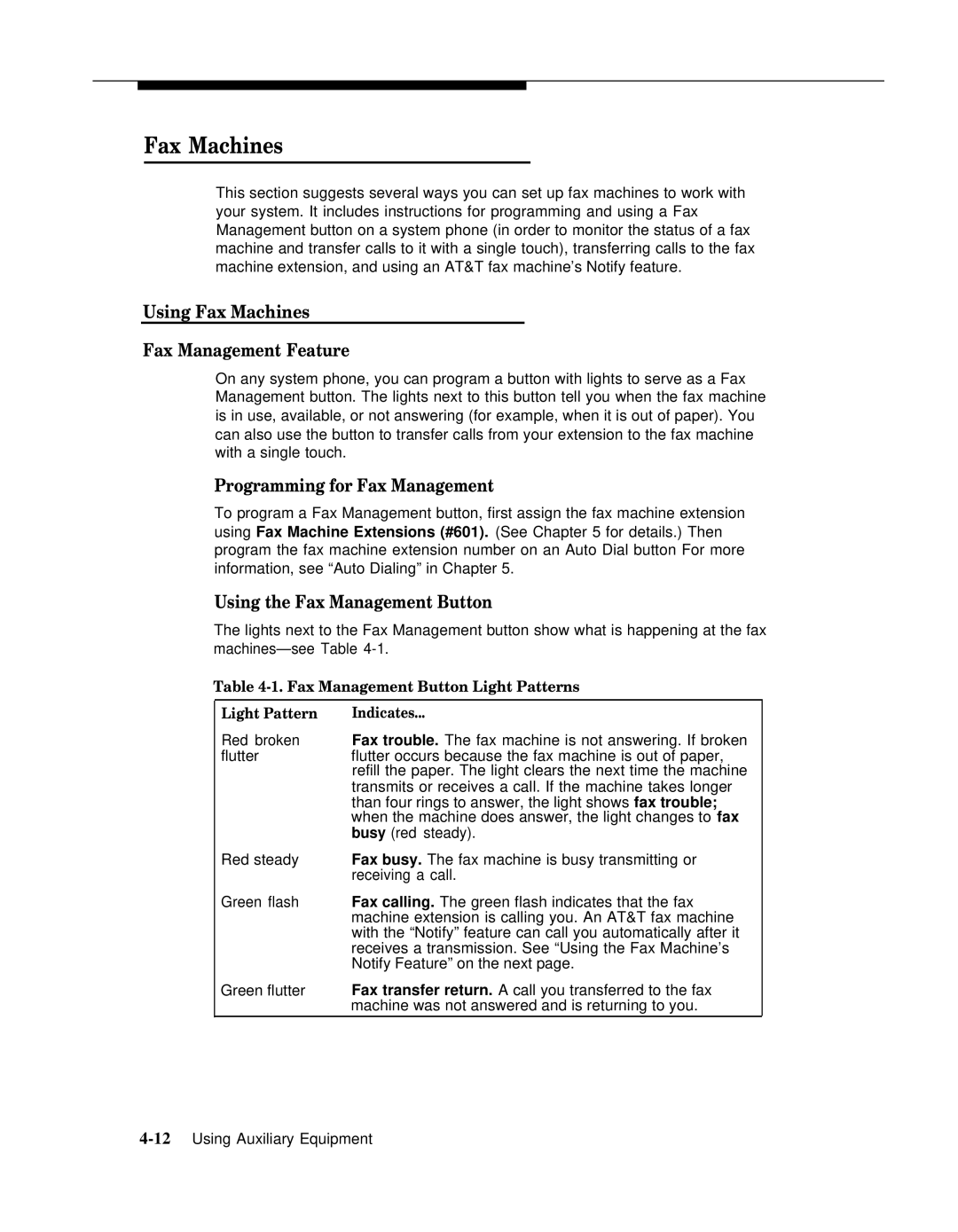 AT&T 518-455-317 manual Using Fax Machines Fax Management Feature, Programming for Fax Management 