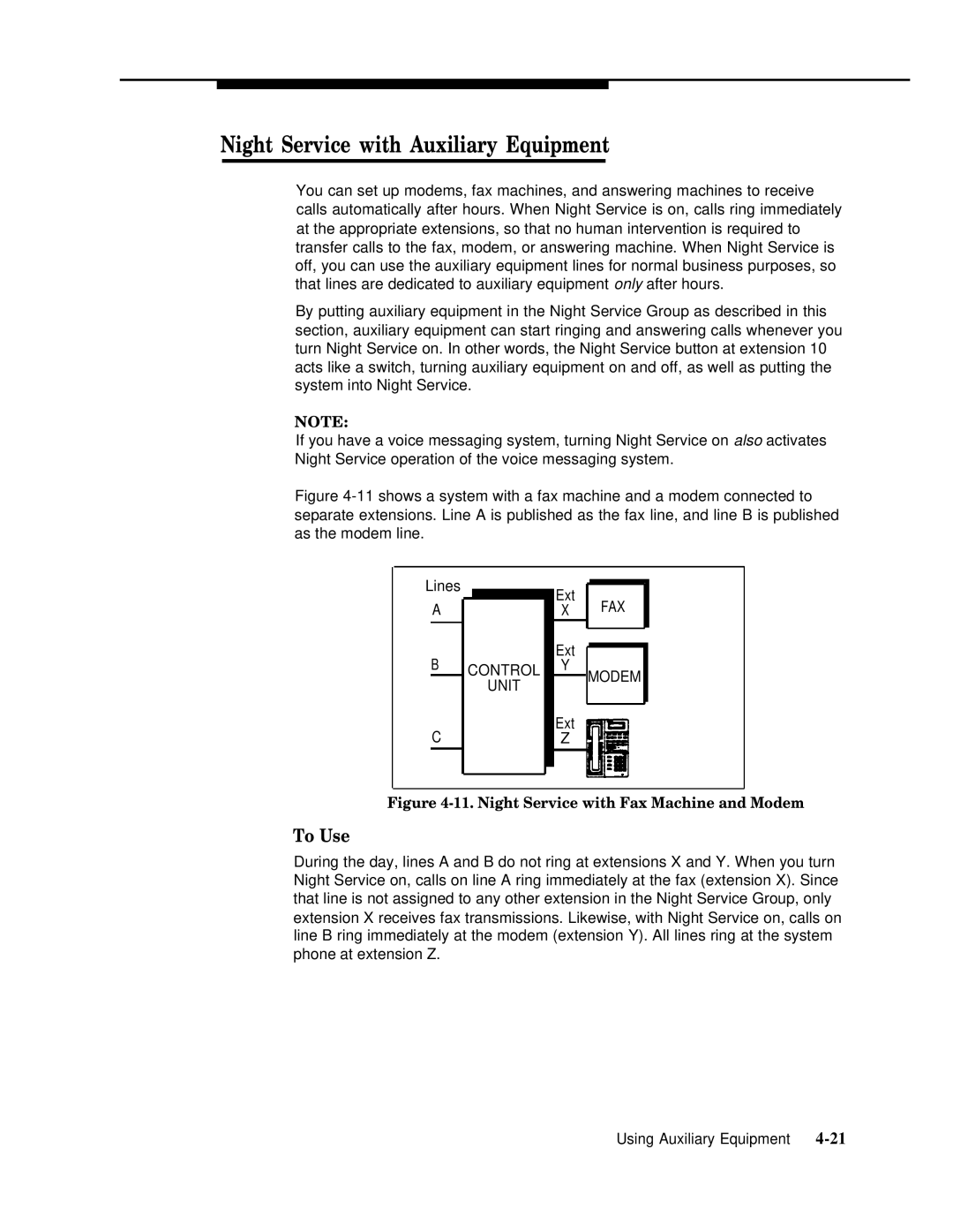 AT&T 518-455-317 manual Night Service with Auxiliary Equipment, Night Service with Fax Machine and Modem 