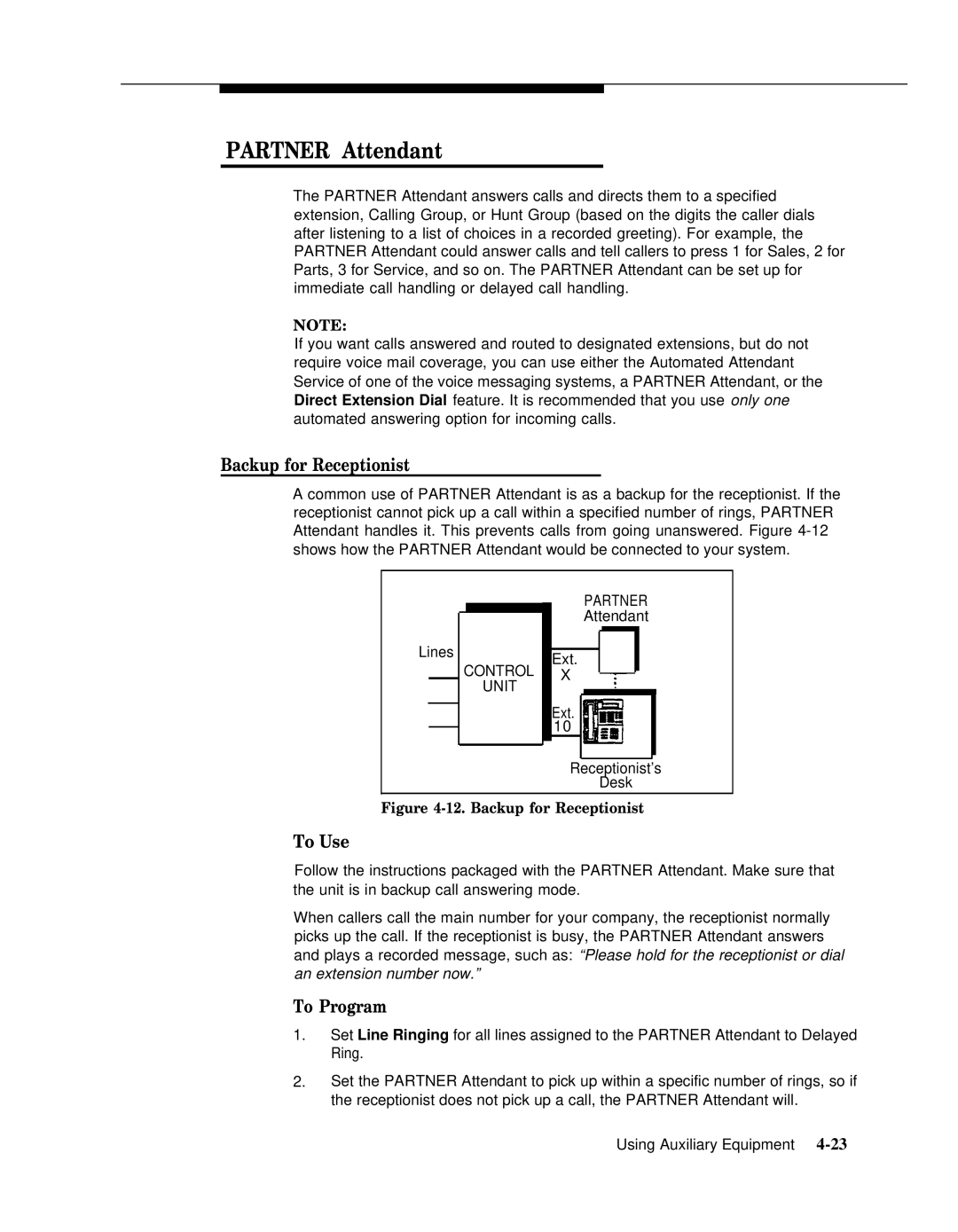 AT&T 518-455-317 manual Partner Attendant, Backup for Receptionist 