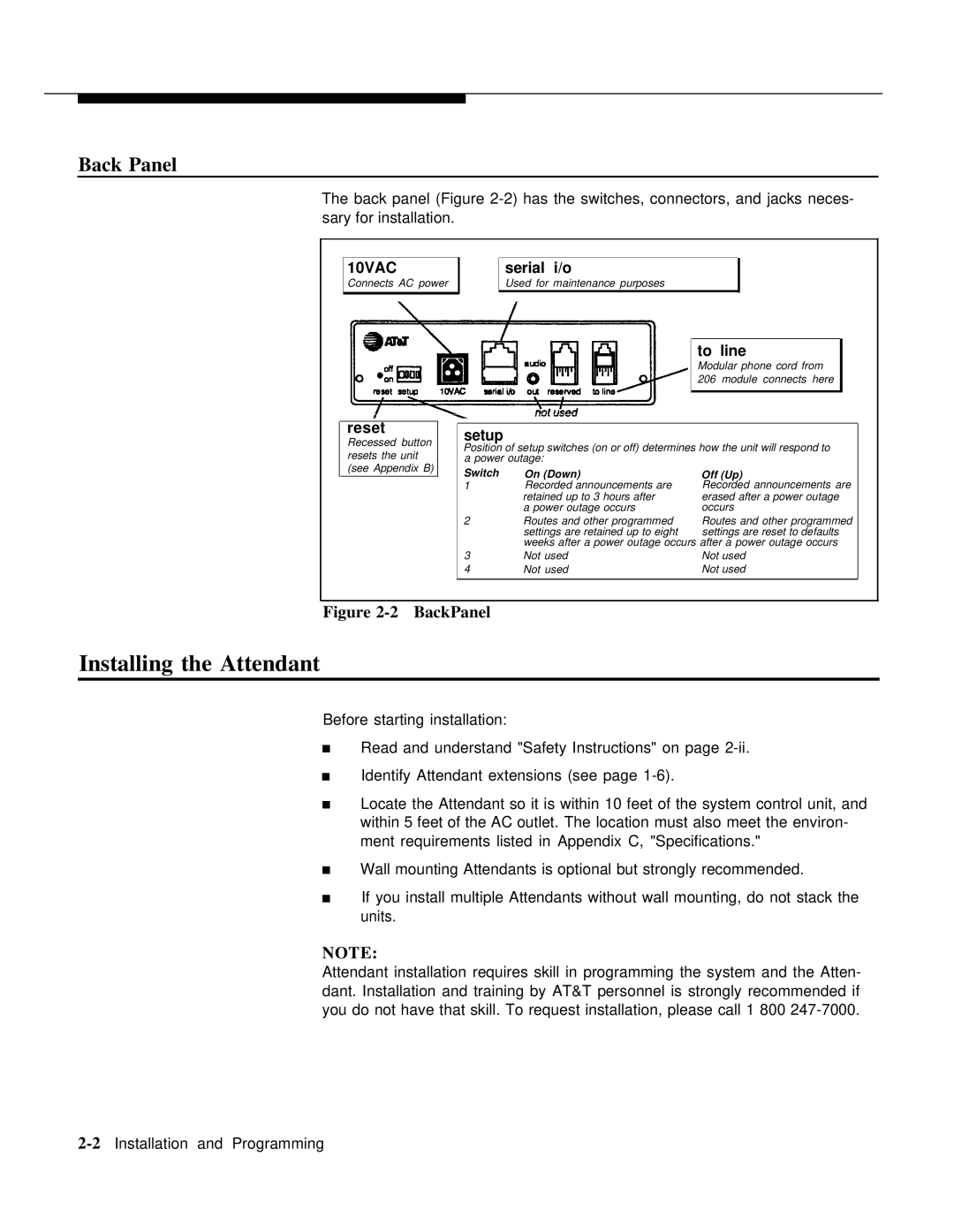 AT&T 518-455-710 manual Installing the Attendant, Back Panel 