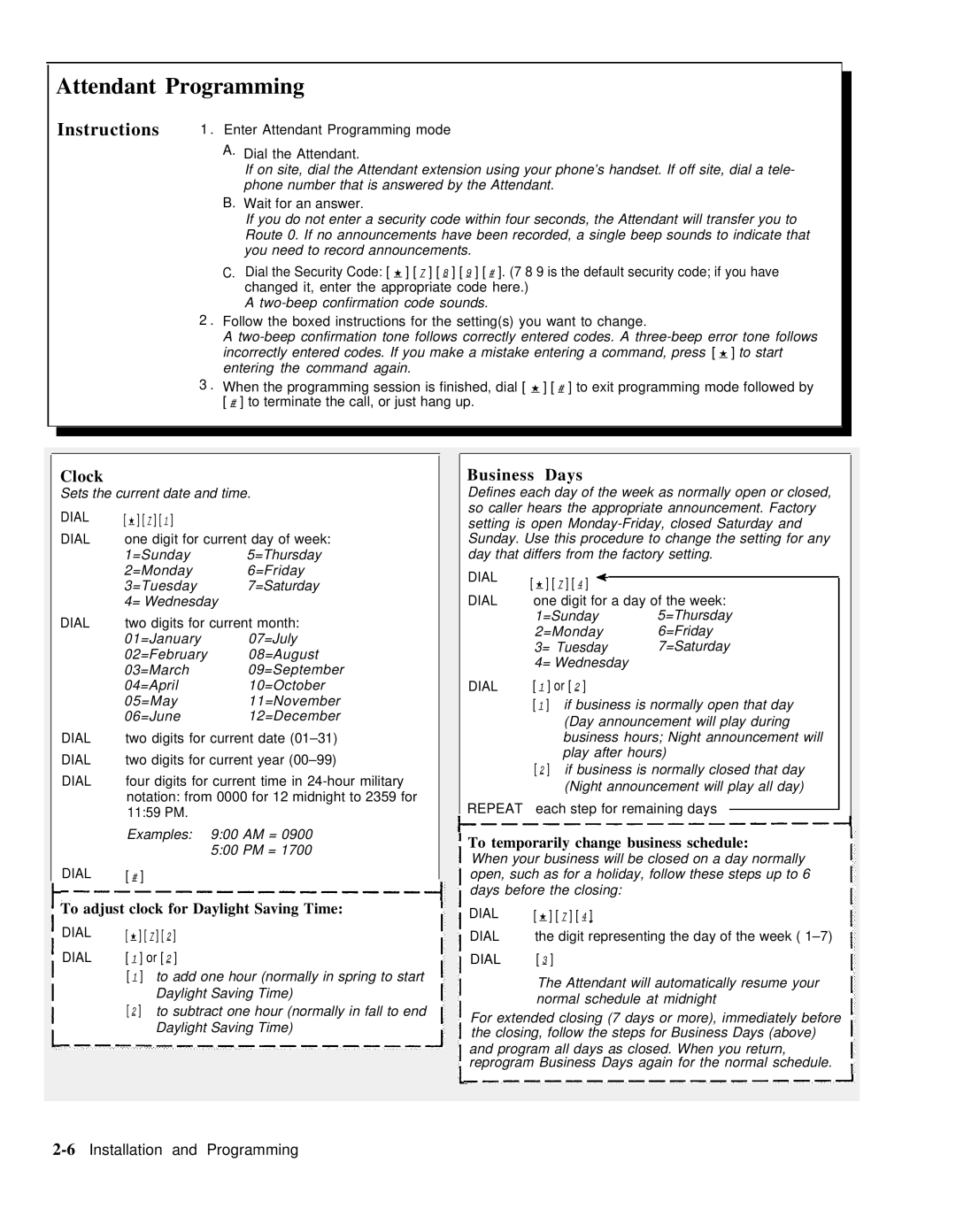 AT&T 518-455-710 manual Attendant Programming, Clock, Business Days, To adjust clock for Daylight Saving Time 