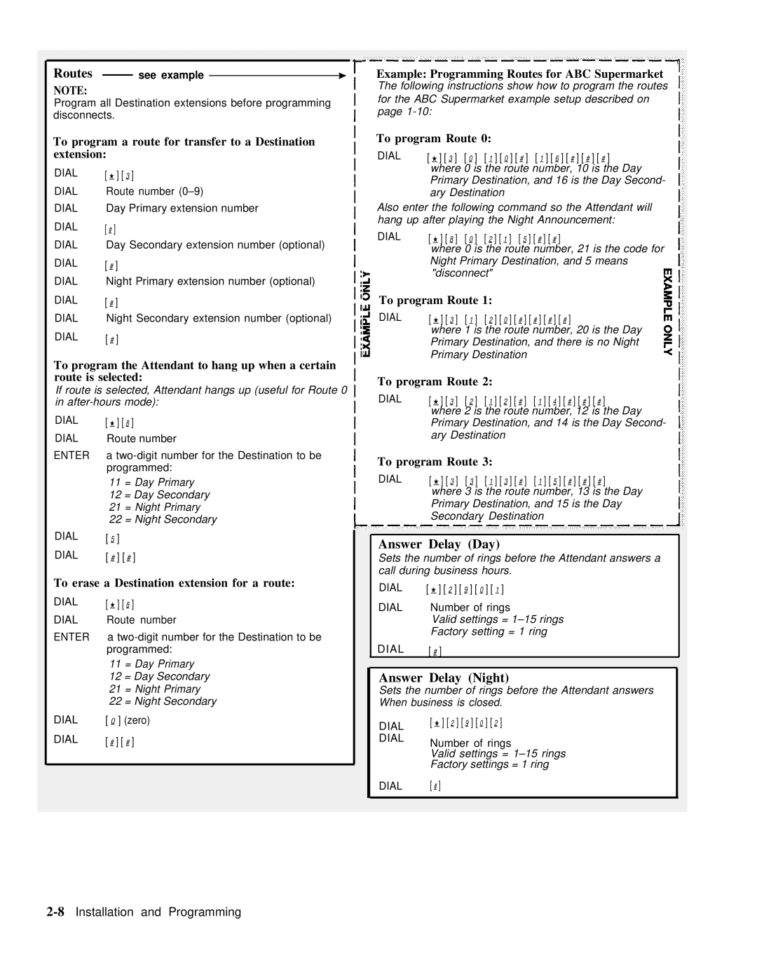 AT&T 518-455-710 manual Routes, Answer Delay Day, Answer Delay Night 