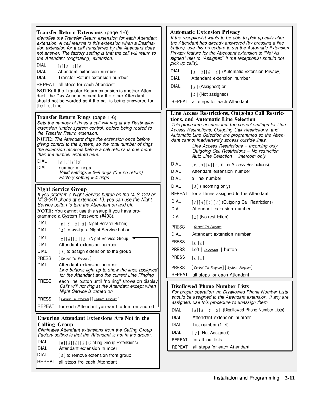 AT&T 518-455-710 manual Transfer Return Extensions, Transfer Return Rings, Night Service Group, Automatic Extension Privacy 