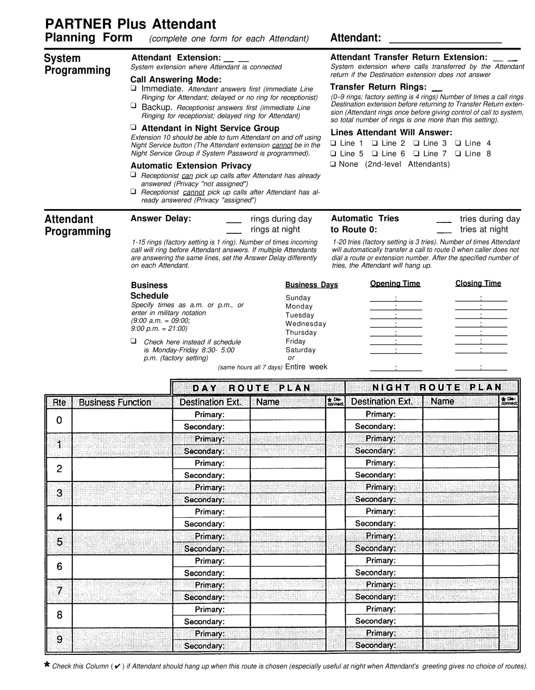 AT&T 518-455-710 Attendant Extension, Call Answering Mode, Attendant Transfer Return Extension, Transfer Return Rings 