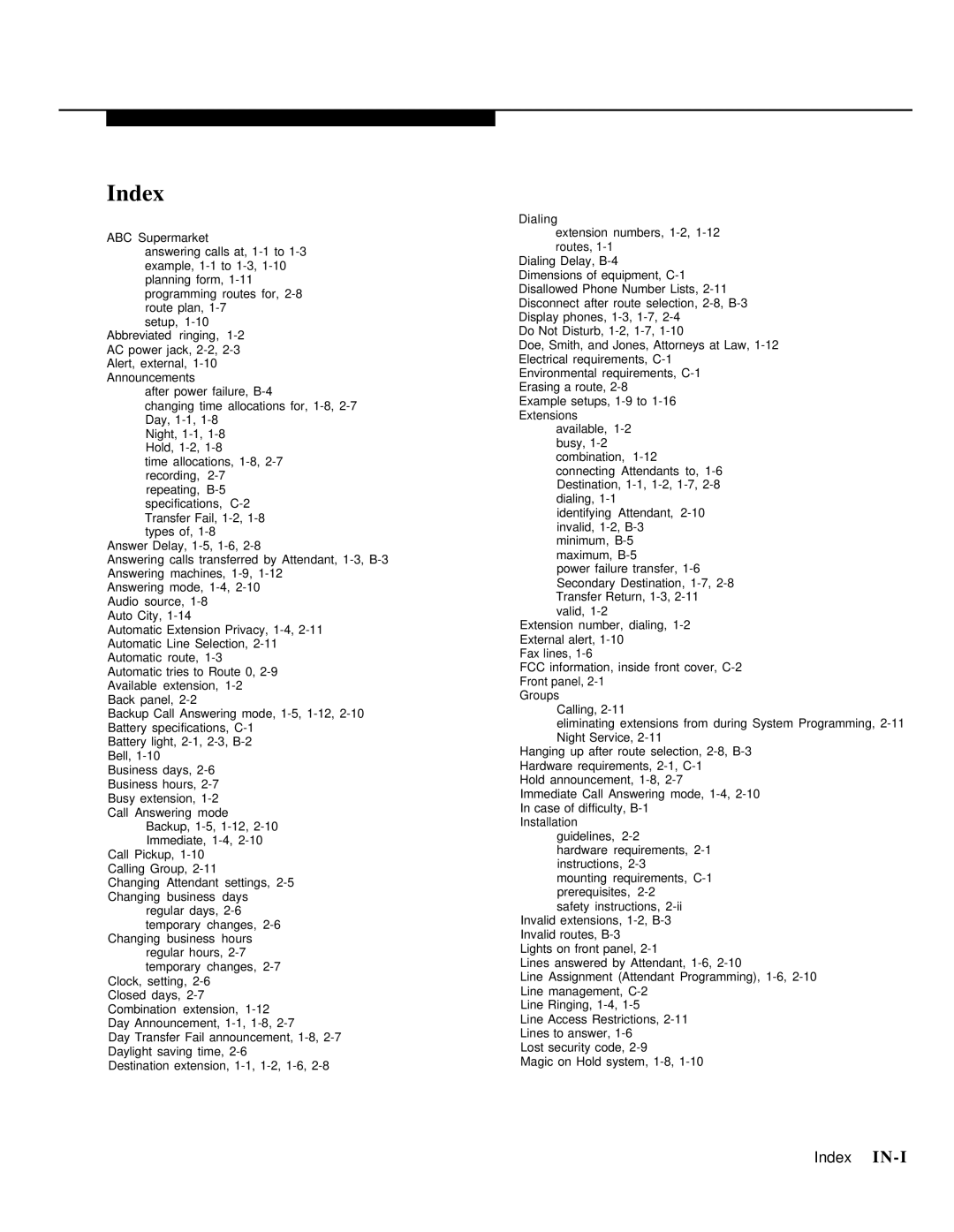 AT&T 518-455-710 manual Index IN-I 