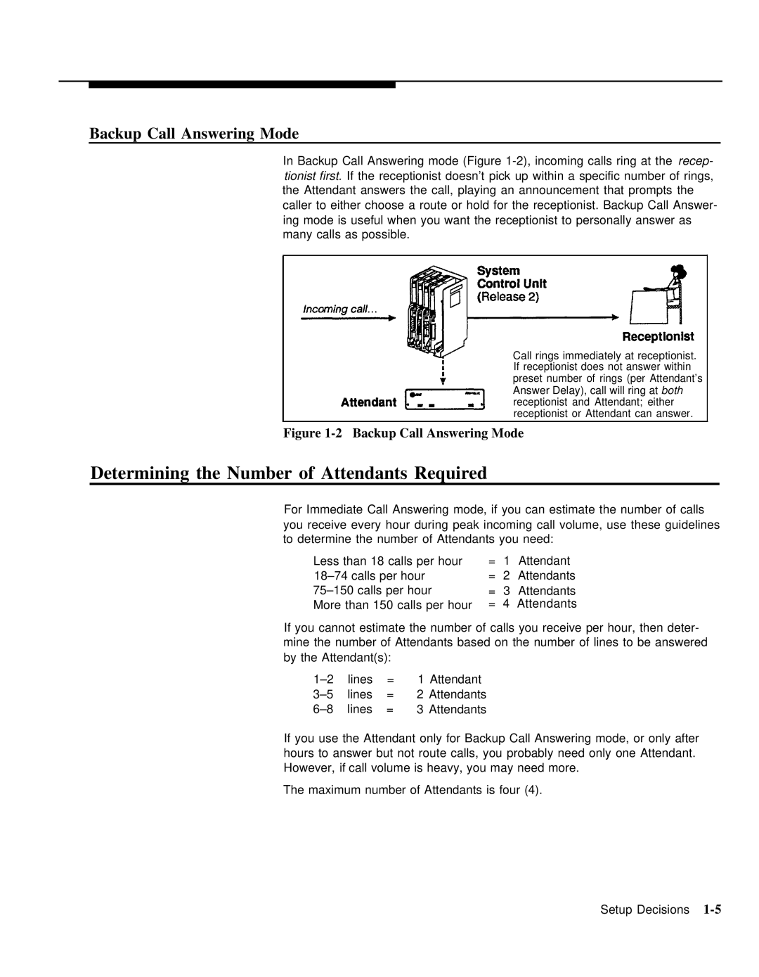 AT&T 518-455-710 manual Determining the Number of Attendants Required, Backup Call Answering Mode 