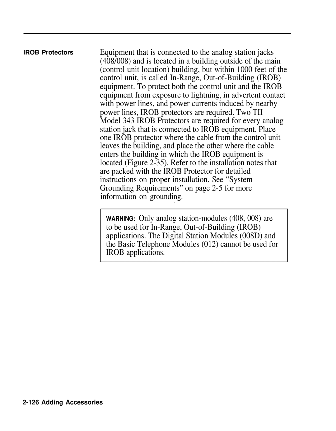 AT&T 518-600-016 Equipment that is connected to the analog station jacks, Are packed with the Irob Protector for detailed 