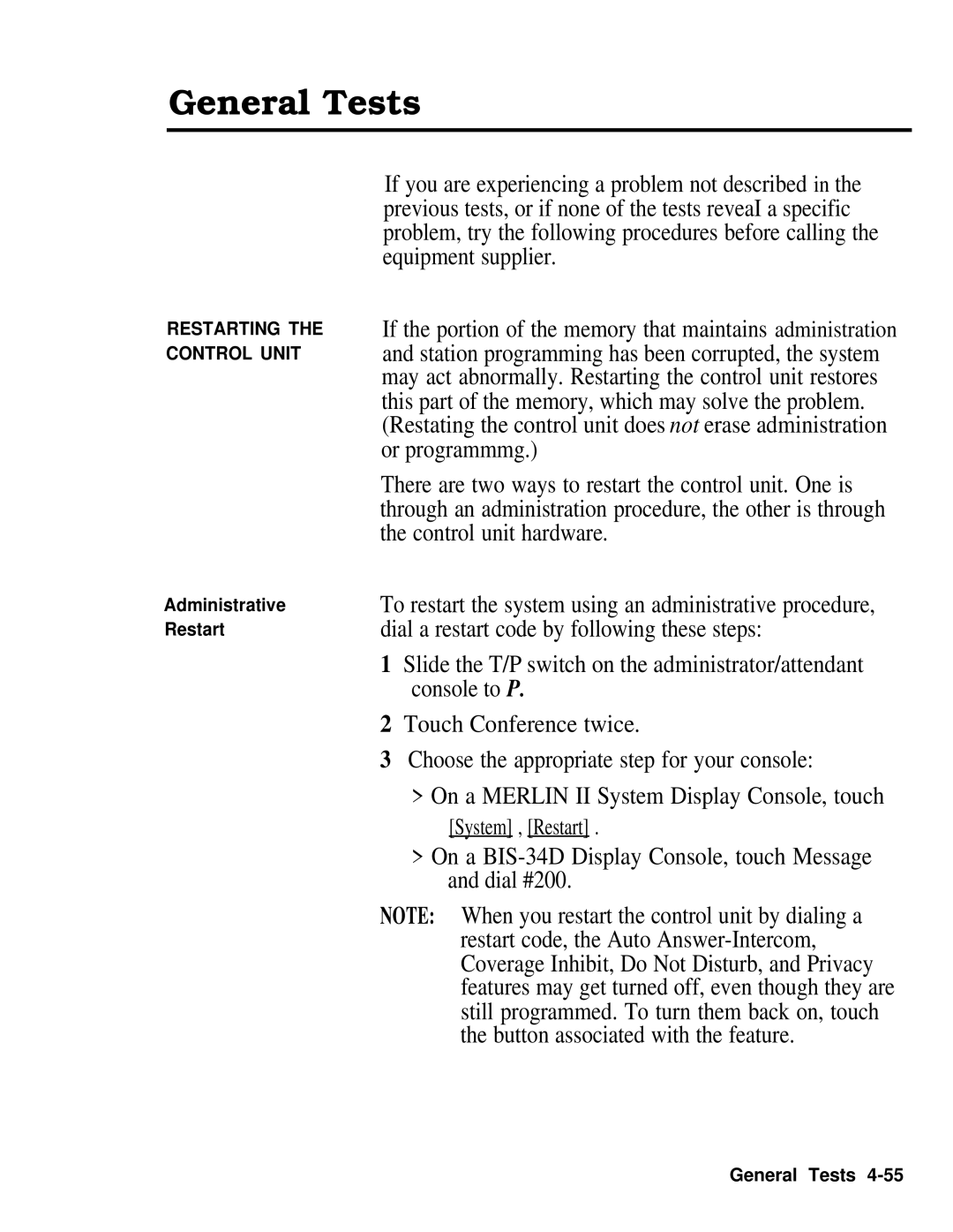 AT&T 518-600-016 manual General Tests, On a BIS-34D Display Console, touch Message and dial #200 