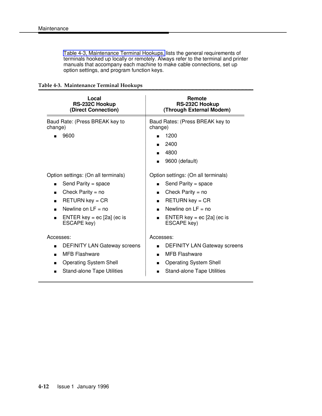 AT&T 555-230-223 manual Maintenance Terminal Hookups, RS-232C Hookup Direct Connection Through External Modem 