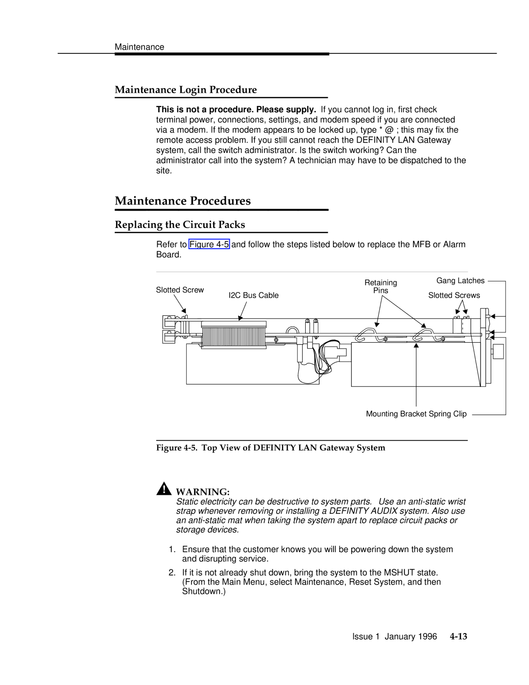 AT&T 555-230-223 manual Maintenance Procedures, Maintenance Login Procedure, Replacing the Circuit Packs 