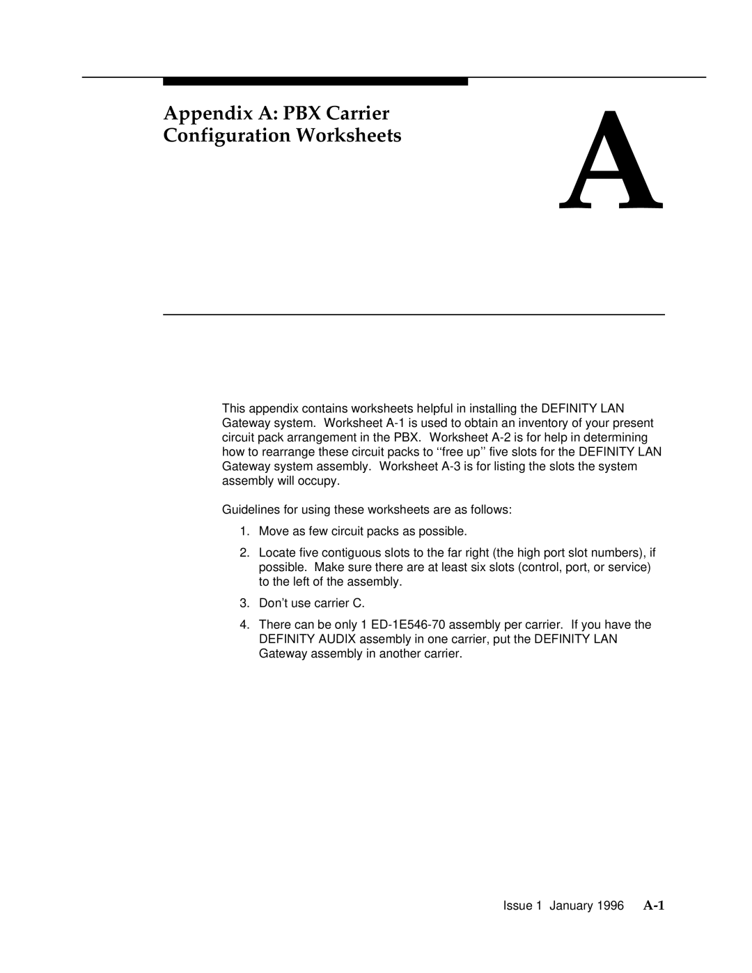 AT&T 555-230-223 manual Appendix a PBX Carrier Configuration Worksheets 