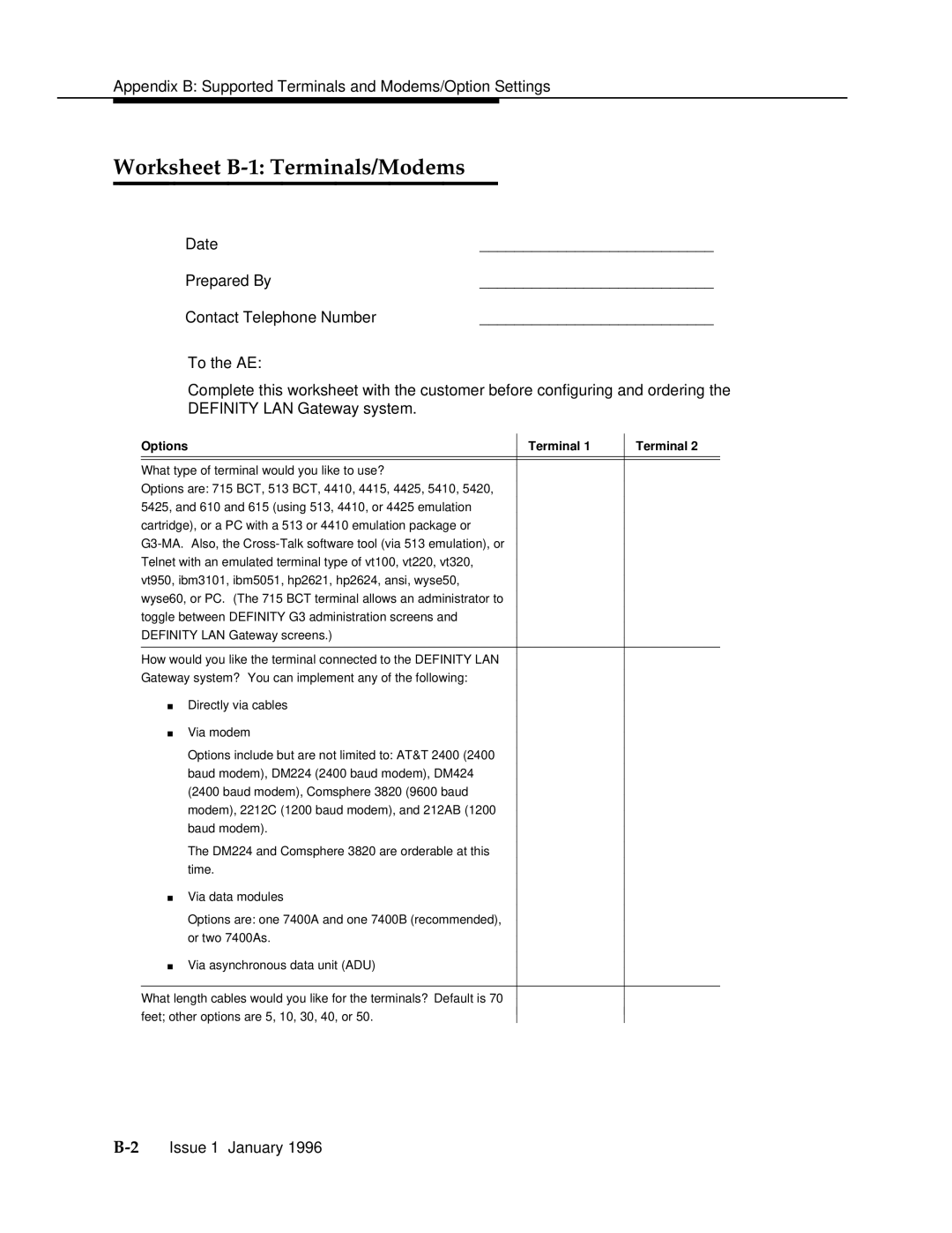 AT&T 555-230-223 manual Worksheet B-1 Terminals/Modems, Options Terminal 