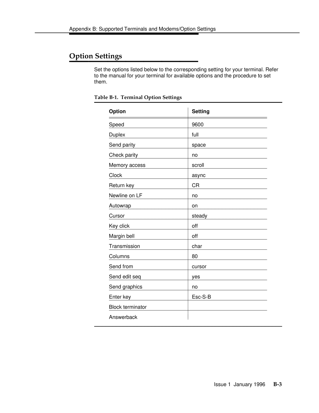 AT&T 555-230-223 manual Table B-1. Terminal Option Settings 