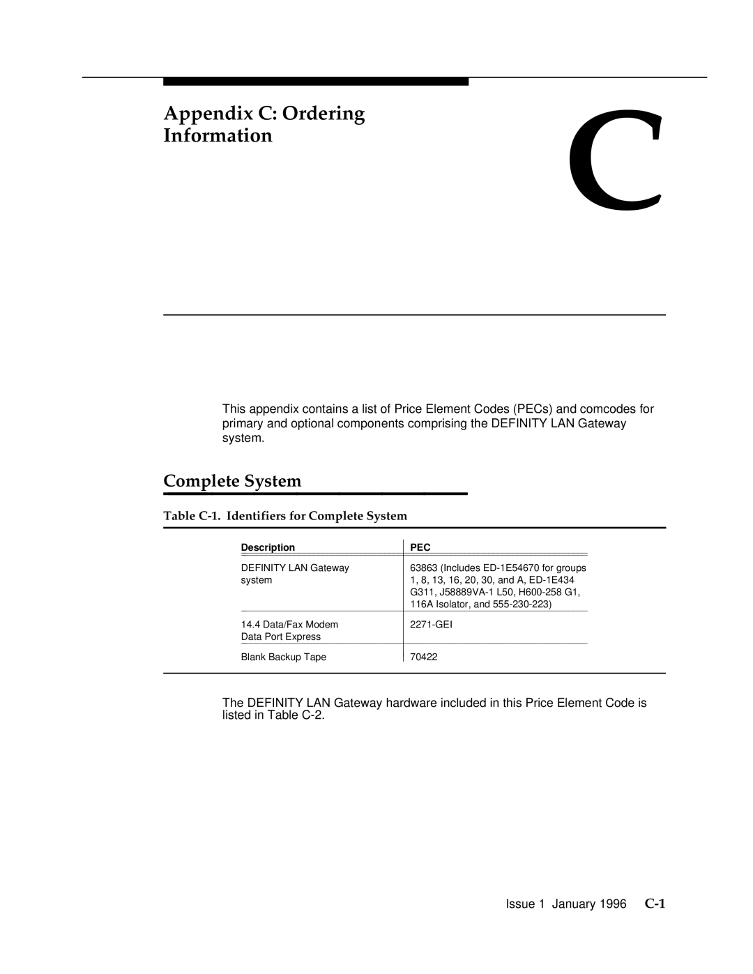 AT&T 555-230-223 manual Appendix C Ordering Information, Table C-1. Identifiers for Complete System 