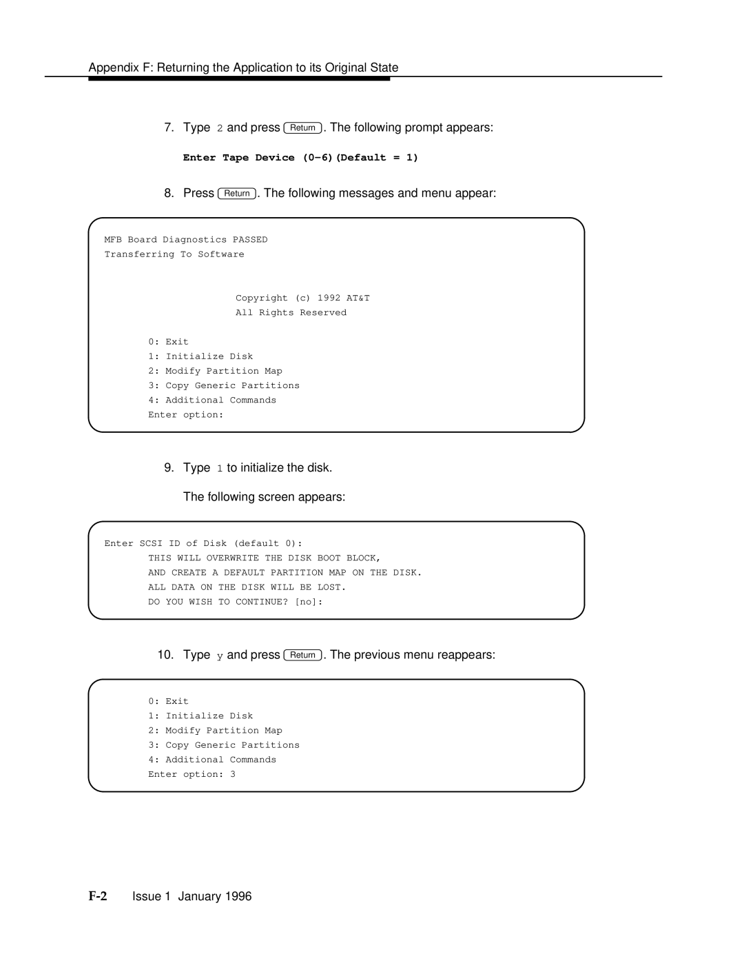 AT&T 555-230-223 manual Press Return . The following messages and menu appear 