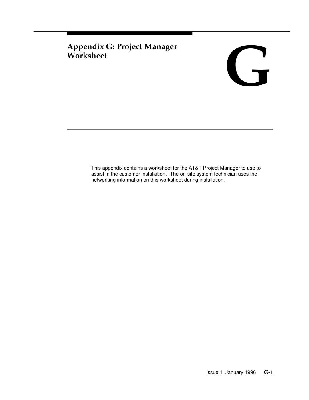 AT&T 555-230-223 manual Appendix G Project Manager Worksheet 