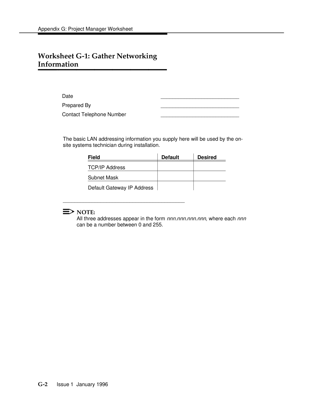 AT&T 555-230-223 manual Worksheet G-1 Gather Networking Information, Field Default Desired 