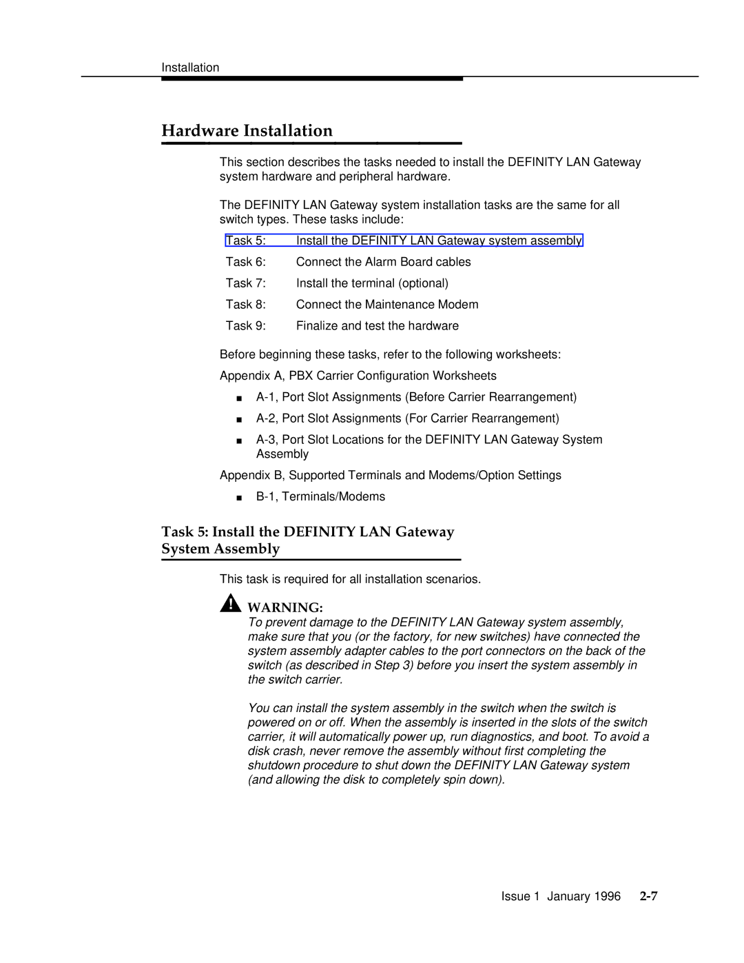 AT&T 555-230-223 manual Hardware Installation, Task 5 Install the Definity LAN Gateway System Assembly 