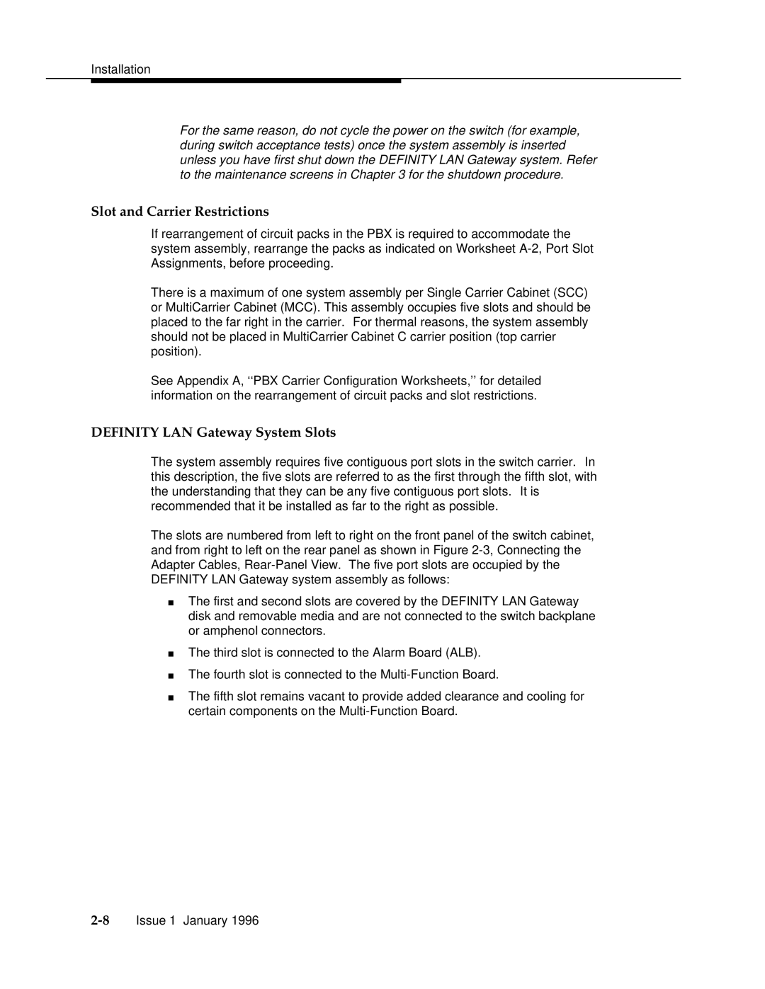 AT&T 555-230-223 manual Slot and Carrier Restrictions, Definity LAN Gateway System Slots 