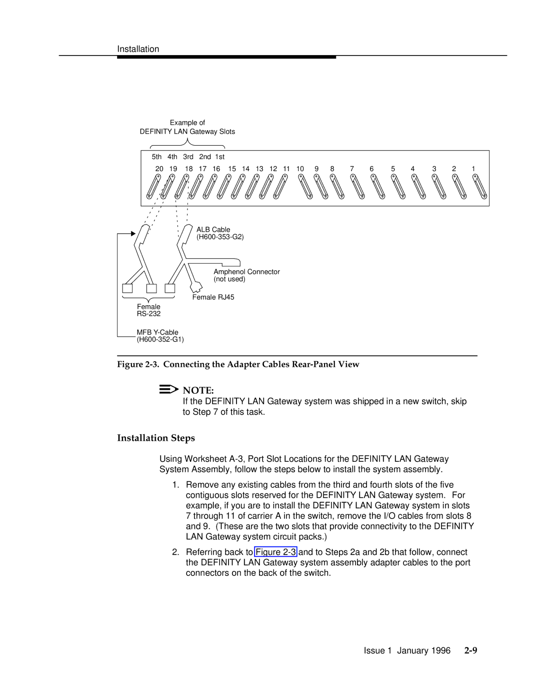 AT&T 555-230-223 manual Installation Steps, Connecting the Adapter Cables Rear-Panel View 