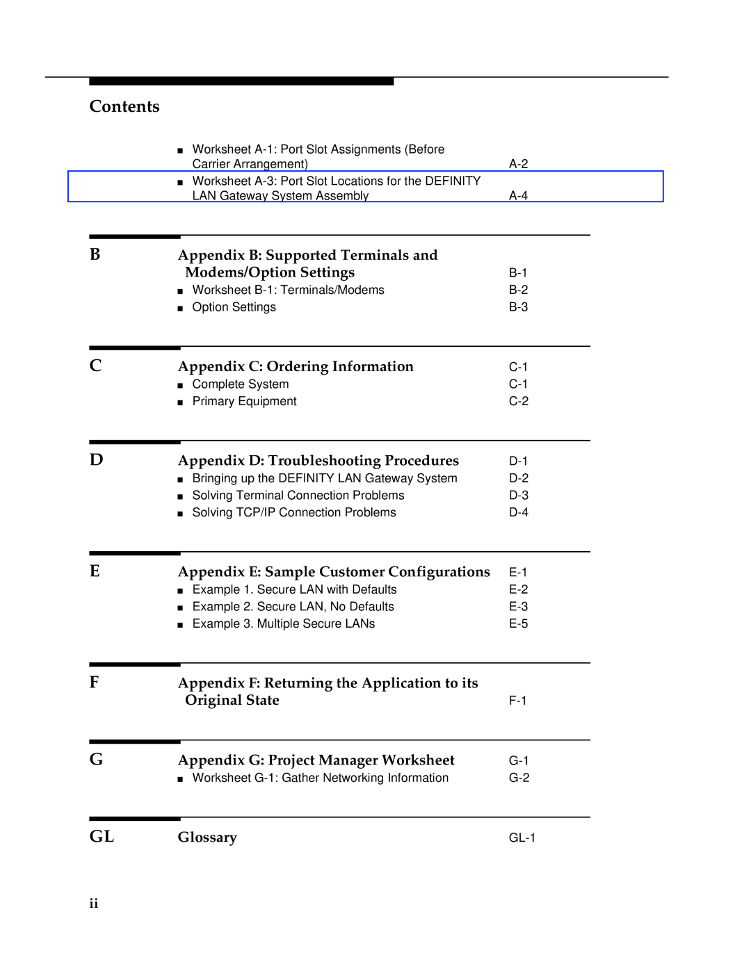 AT&T 555-230-223 manual Appendix B Supported Terminals Modems/Option Settings, Appendix C Ordering Information, Glossary 