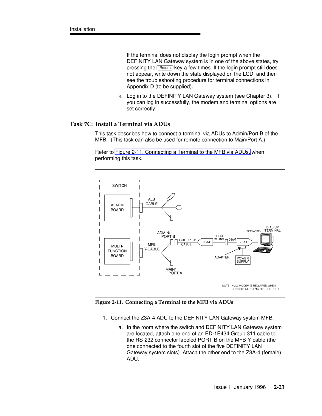 AT&T 555-230-223 manual Task 7C Install a Terminal via ADUs, Connecting a Terminal to the MFB via ADUs 