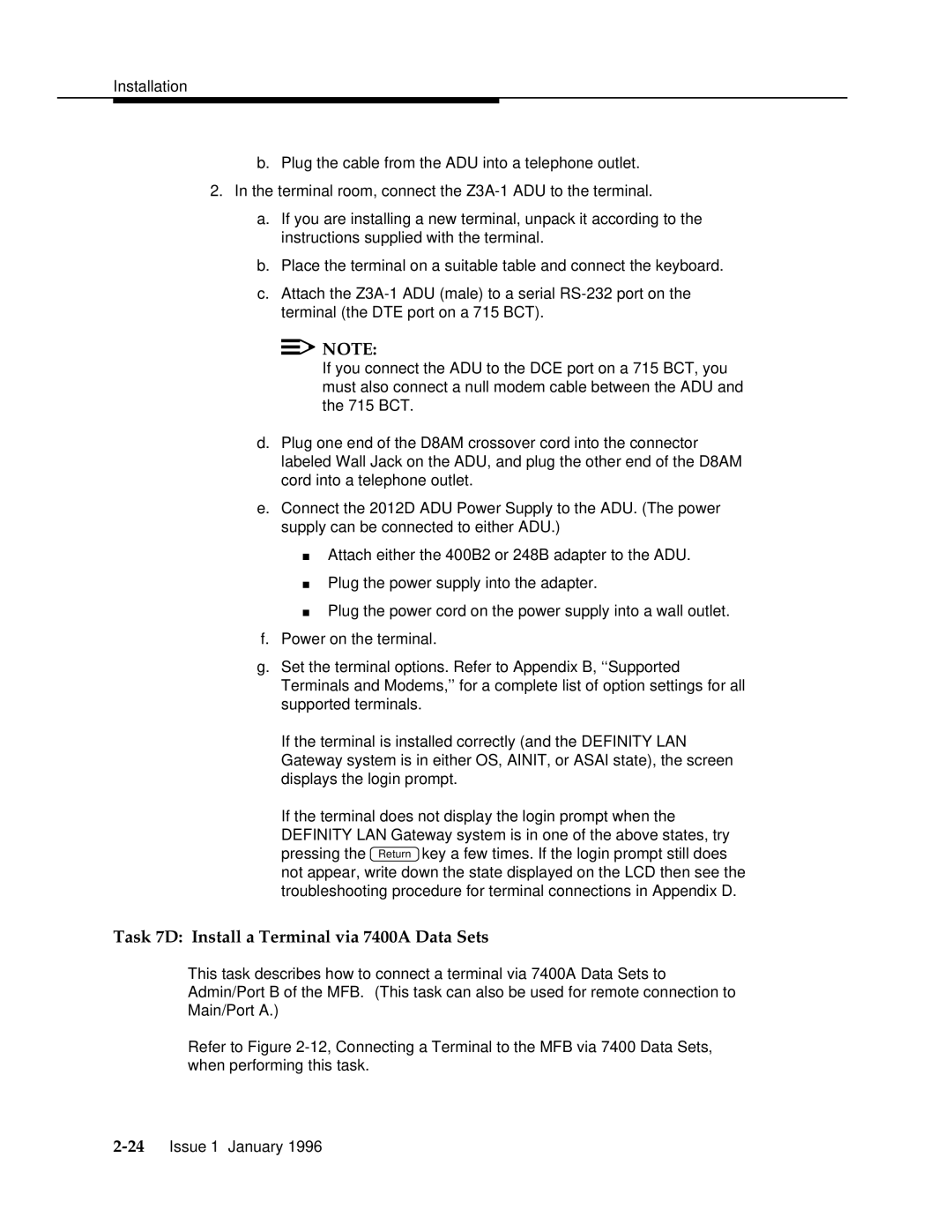 AT&T 555-230-223 manual Task 7D Install a Terminal via 7400A Data Sets 