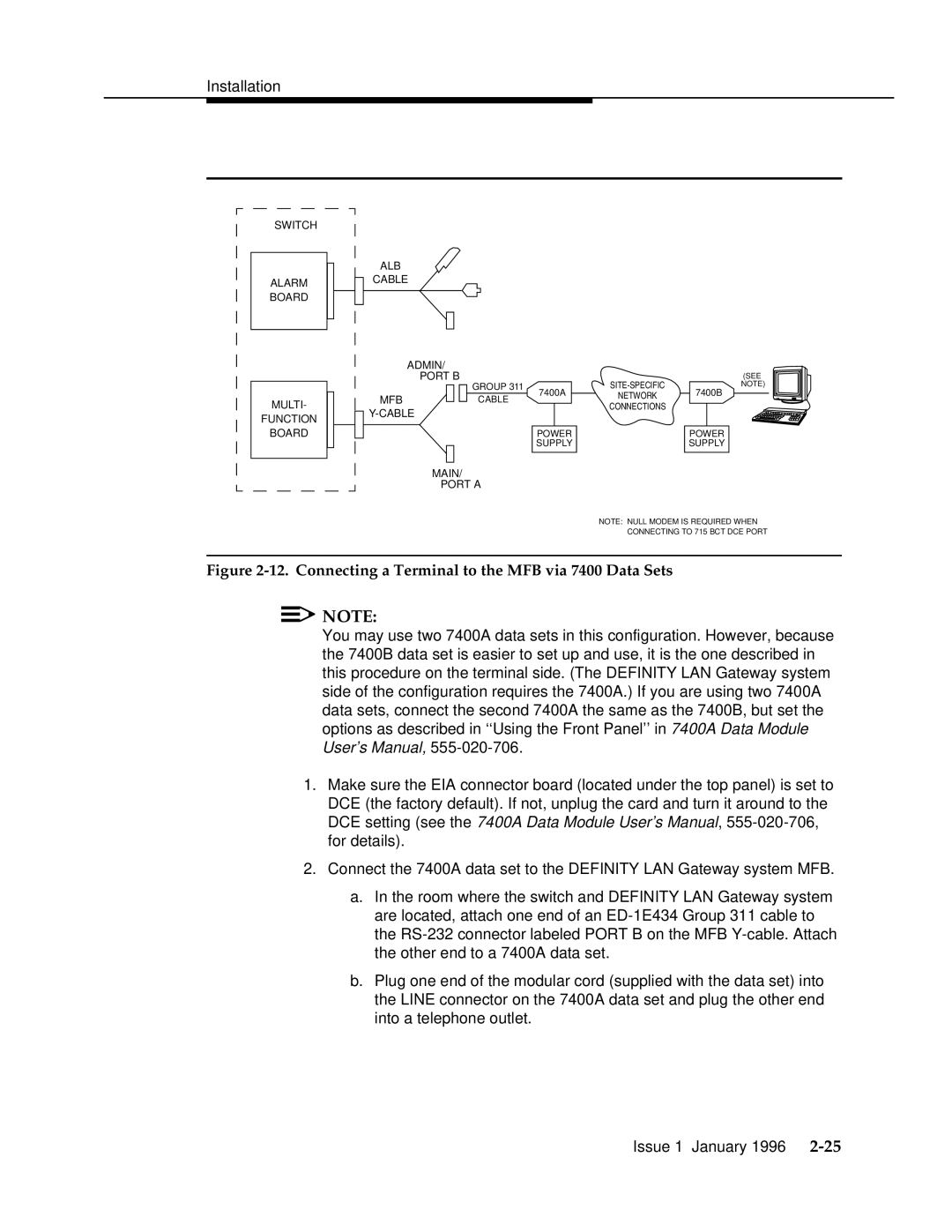 AT&T 555-230-223 manual Connecting a Terminal to the MFB via 7400 Data Sets 