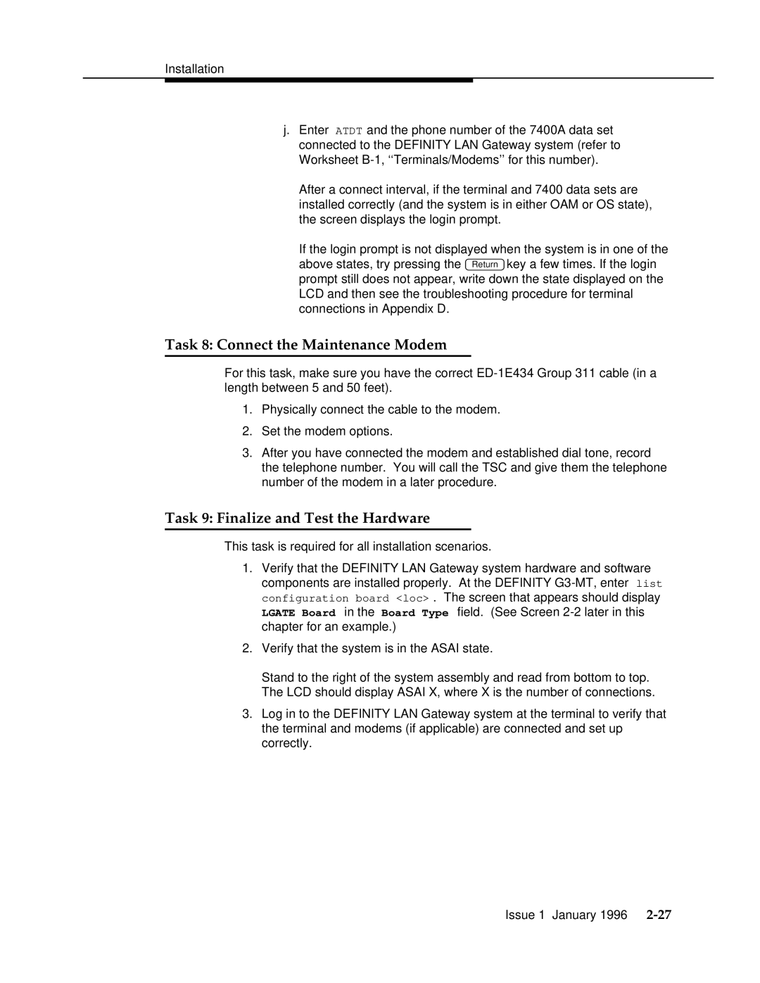 AT&T 555-230-223 manual Task 8 Connect the Maintenance Modem, Task 9 Finalize and Test the Hardware 