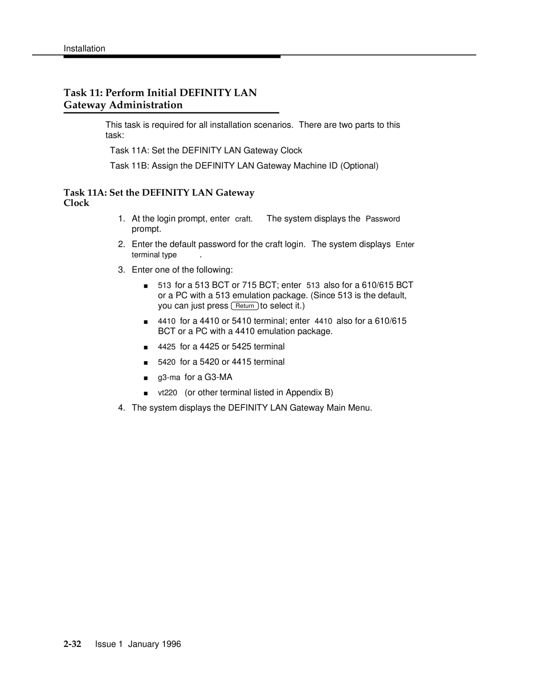 AT&T 555-230-223 Task 11 Perform Initial Definity LAN Gateway Administration, Task 11A Set the Definity LAN Gateway Clock 