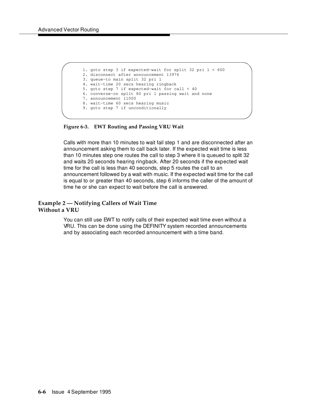 AT&T 555-230-520 manual Example 2 Notifying Callers of Wait Time Without a VRU, EWT Routing and Passing VRU Wait 