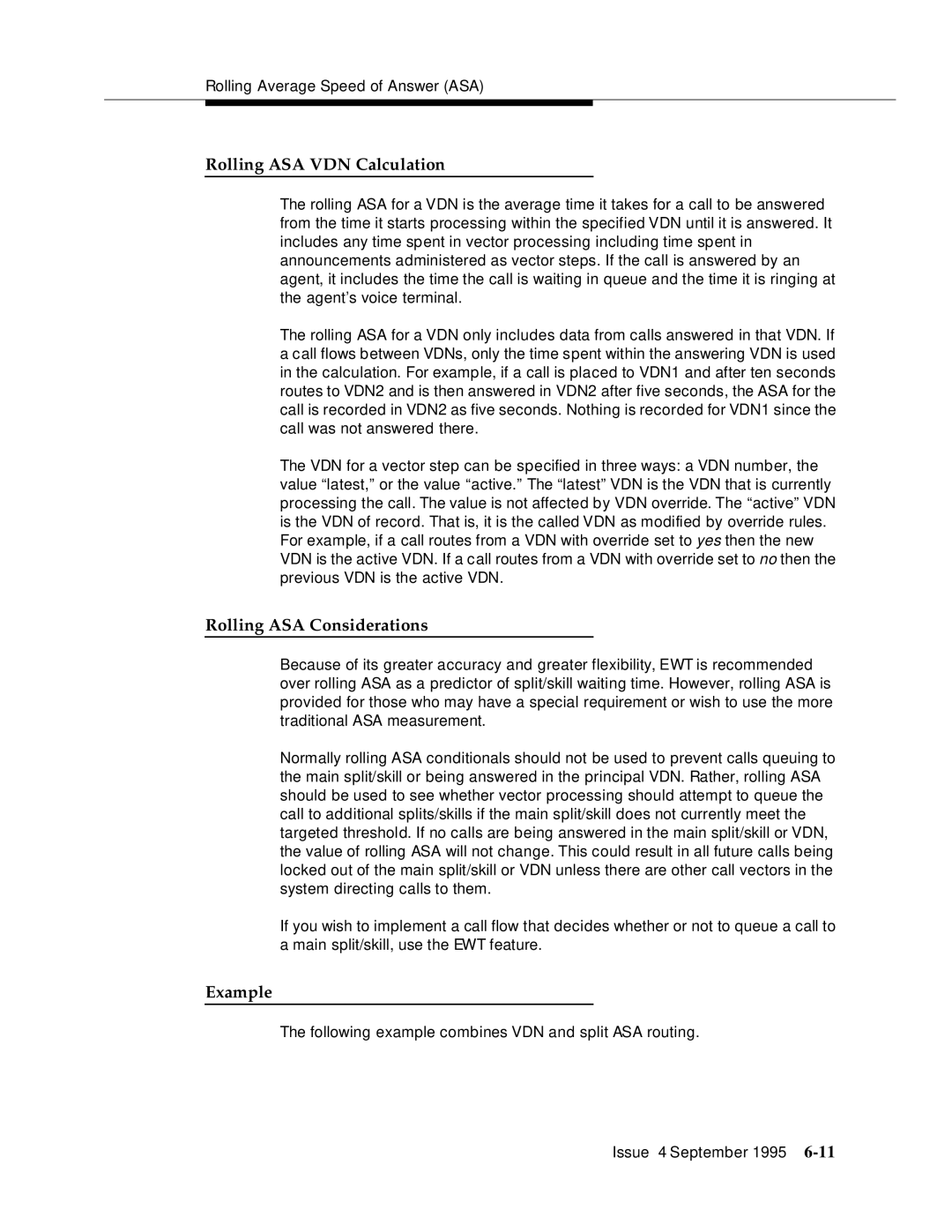 AT&T 555-230-520 manual Rolling ASA VDN Calculation, Rolling ASA Considerations, Example 