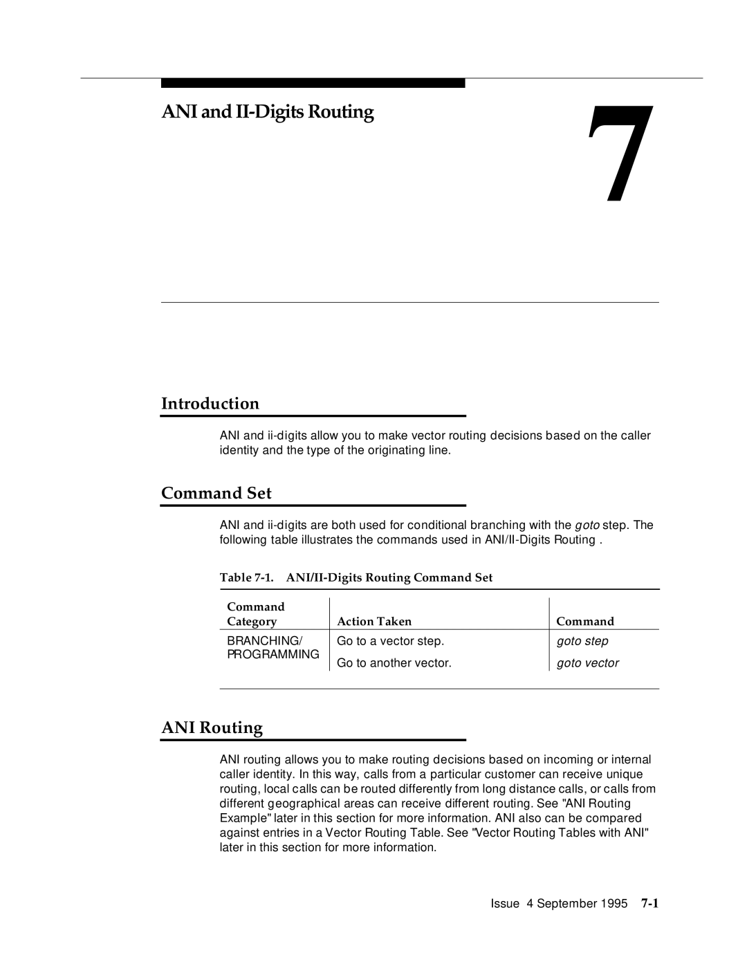 AT&T 555-230-520 manual ANI and II-Digits Routing7, ANI Routing, ANI/II-Digits Routing Command Set Category Action Taken 