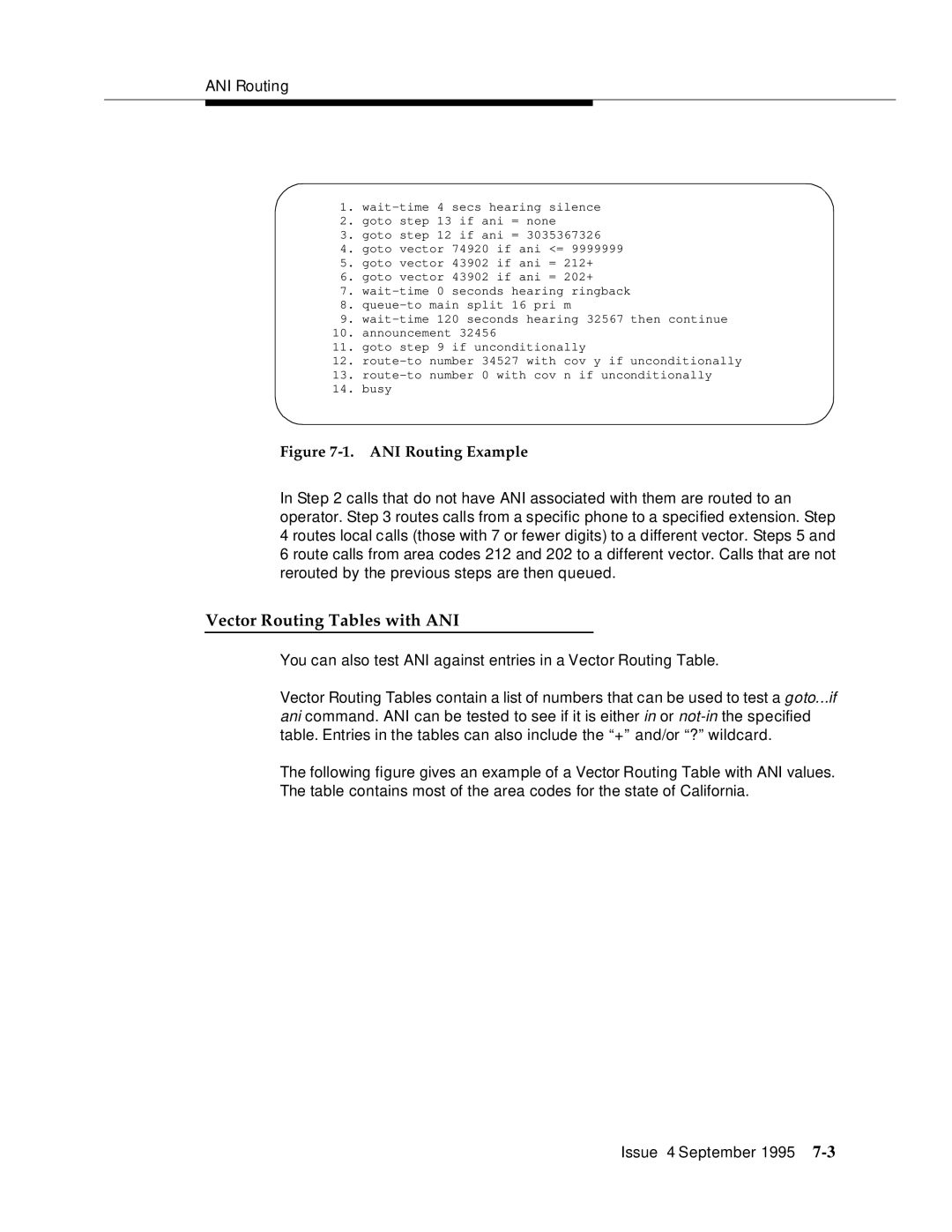 AT&T 555-230-520 manual Vector Routing Tables with ANI, ANI Routing Example 