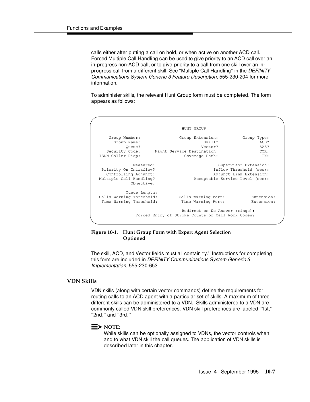 AT&T 555-230-520 manual VDN Skills, Hunt Group Form with Expert Agent Selection Optioned 