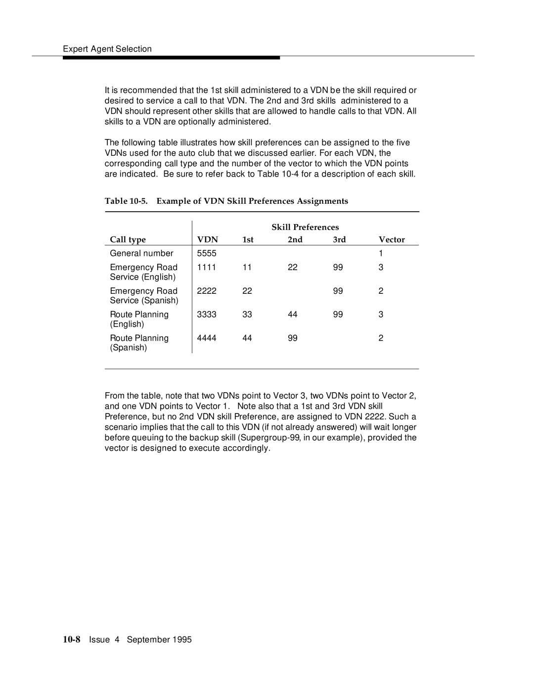 AT&T 555-230-520 manual Example of VDN Skill Preferences Assignments Call type, 1st 2nd 3rd Vector 