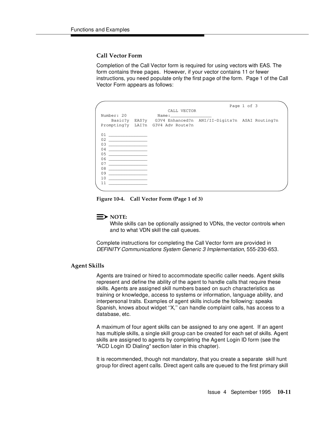 AT&T 555-230-520 manual Call Vector Form, Agent Skills 