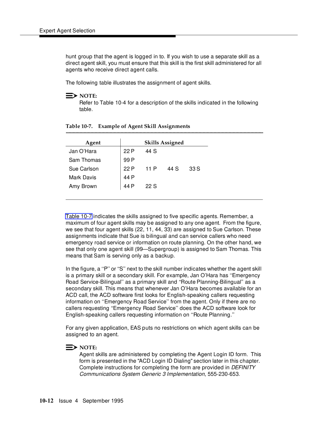 AT&T 555-230-520 manual Example of Agent Skill Assignments Skills Assigned 