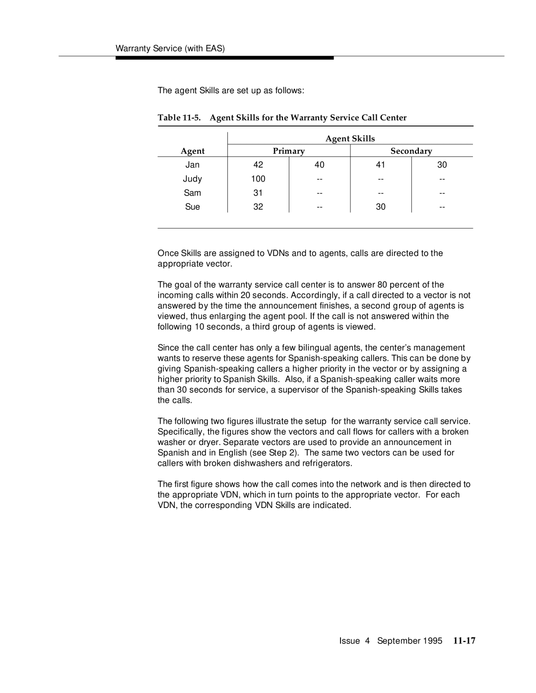 AT&T 555-230-520 manual Warranty Service with EAS Agent Skills are set up as follows 