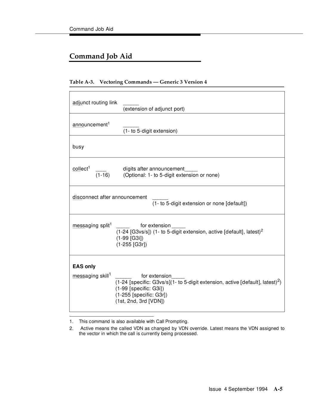 AT&T 555-230-520 manual Command Job Aid, Table A-3. Vectoring Commands Generic 3 Version, EAS only 