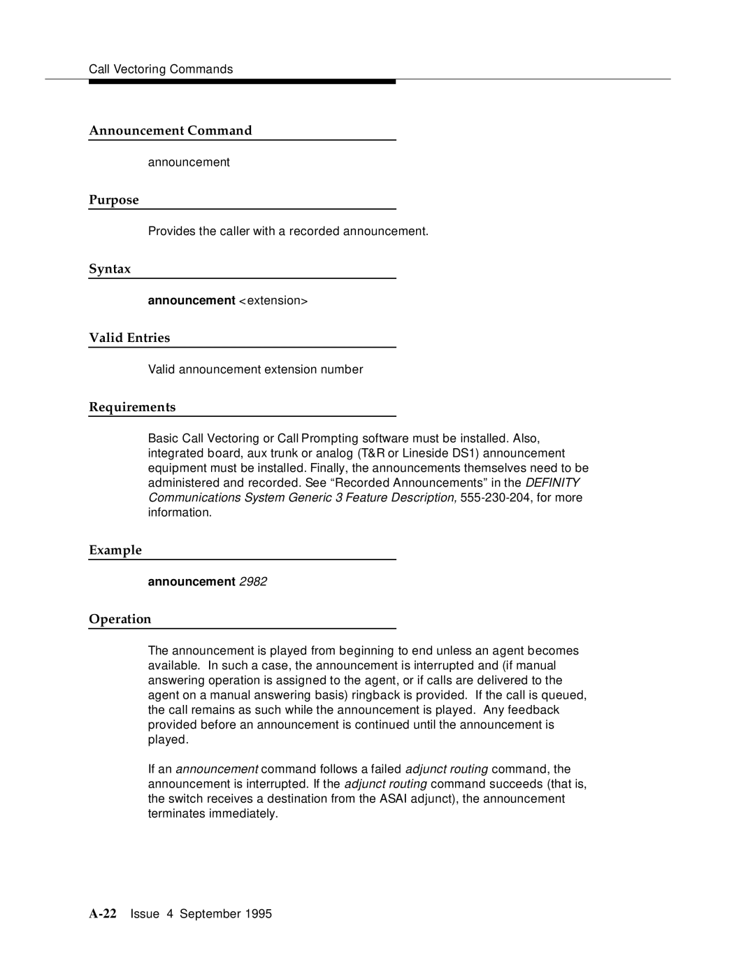 AT&T 555-230-520 manual Announcement Command, Announcement extension 