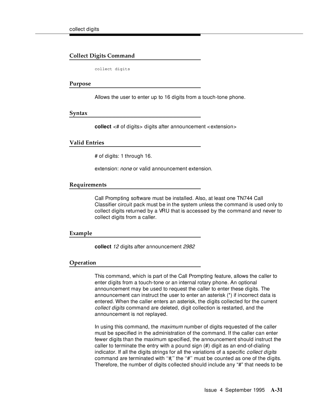 AT&T 555-230-520 manual Collect Digits Command, Purpose 