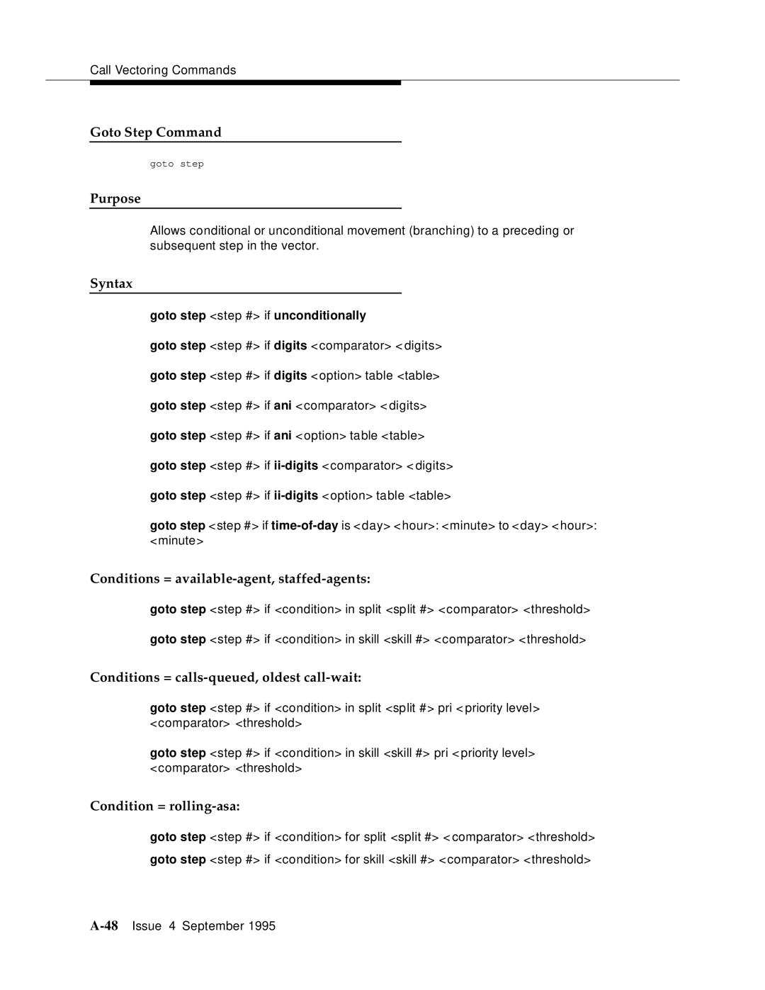 AT&T 555-230-520 manual Goto Step Command, Conditions = available-agent, staffed-agents, Condition = rolling-asa 