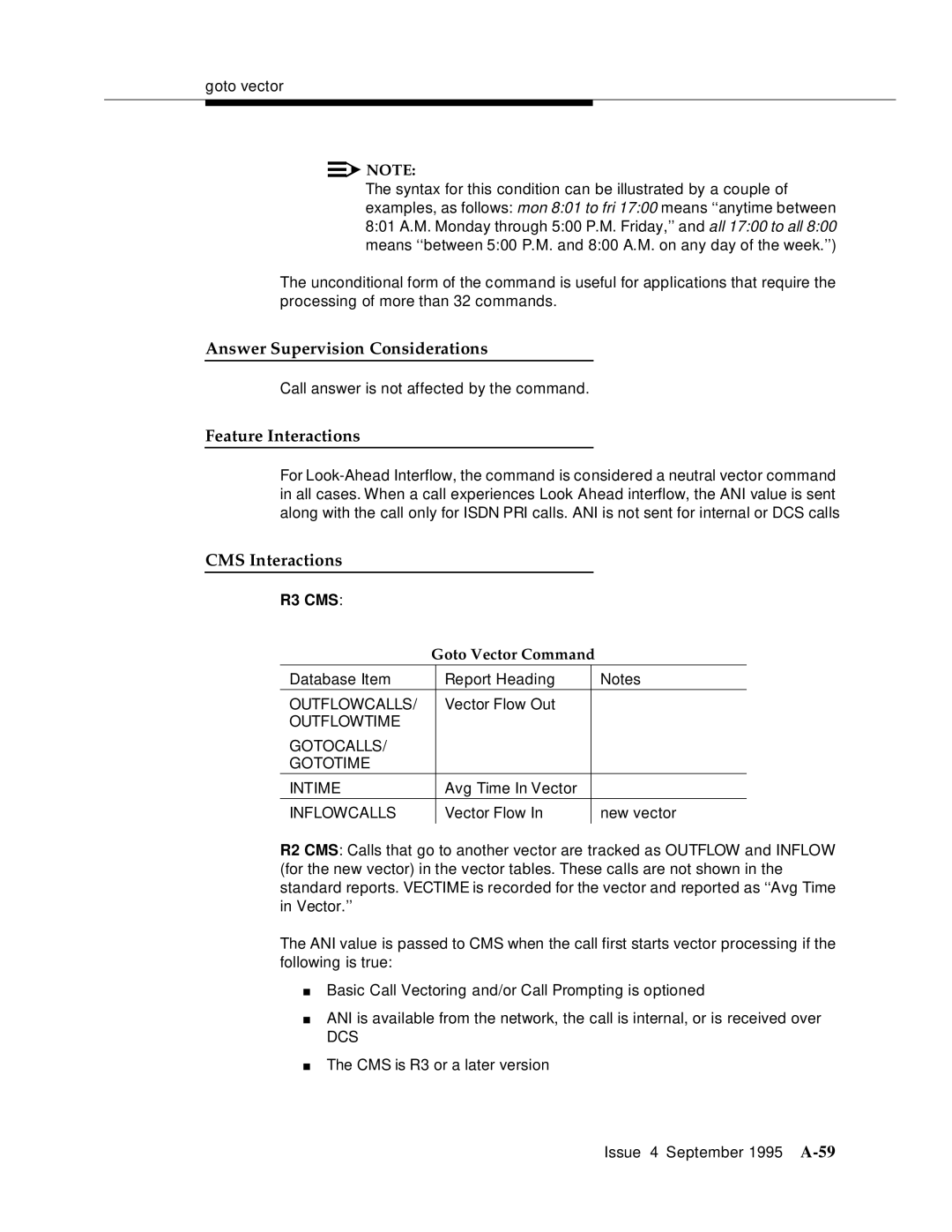 AT&T 555-230-520 manual Answer Supervision Considerations, Goto Vector Command 