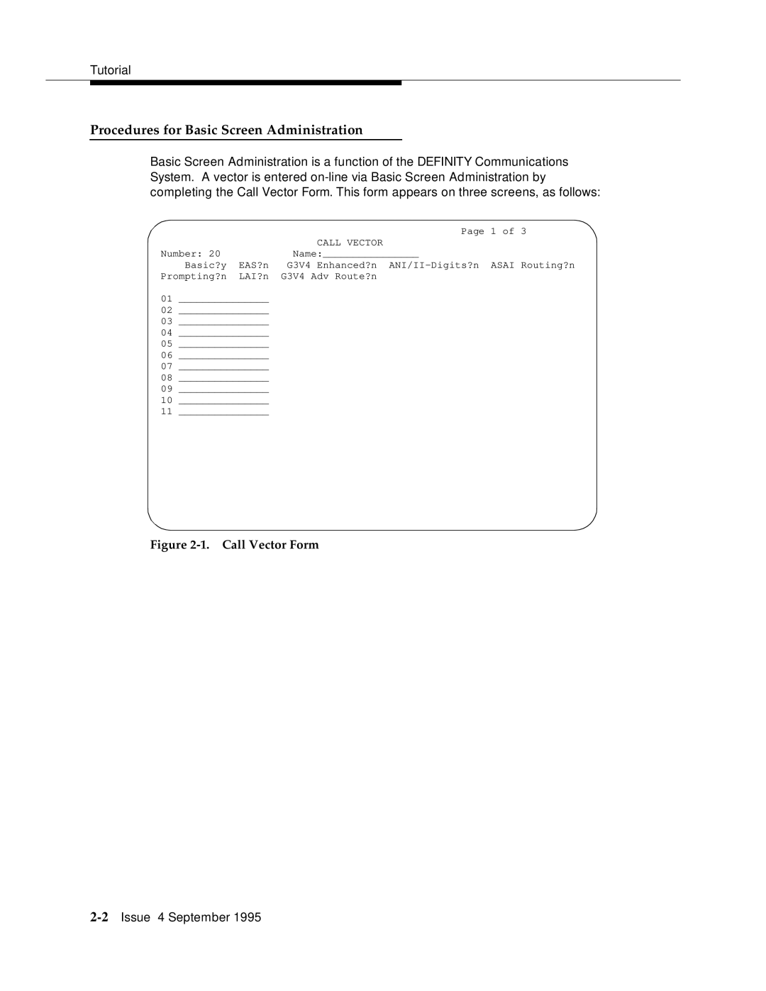 AT&T 555-230-520 manual Procedures for Basic Screen Administration, Call Vector Form 