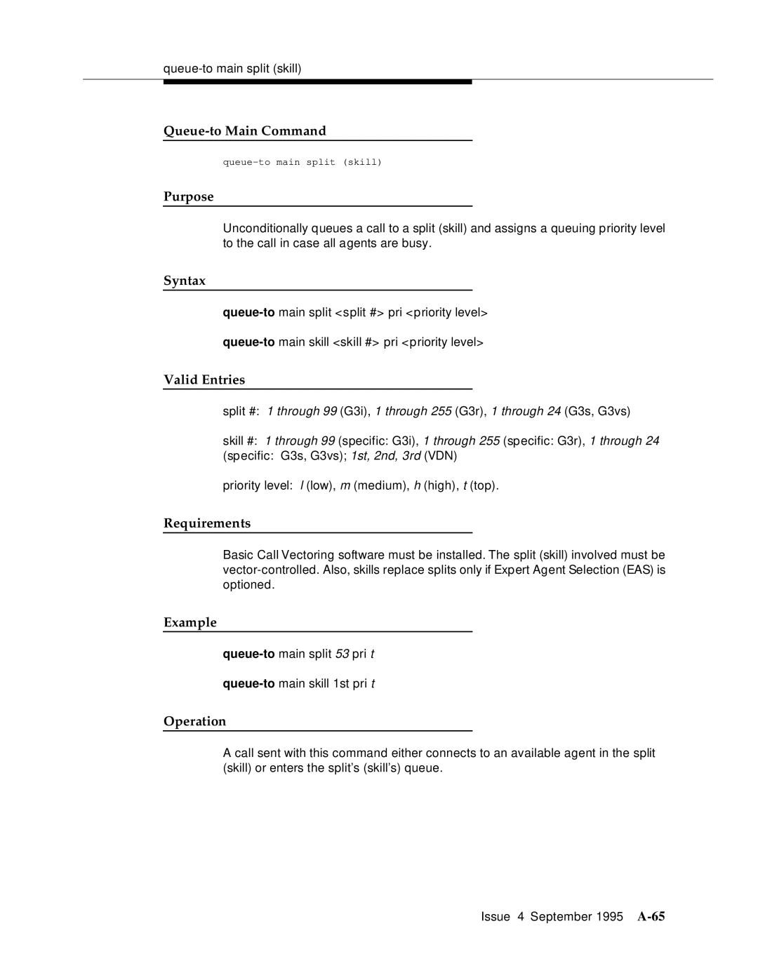 AT&T 555-230-520 manual Queue-to Main Command, Purpose 