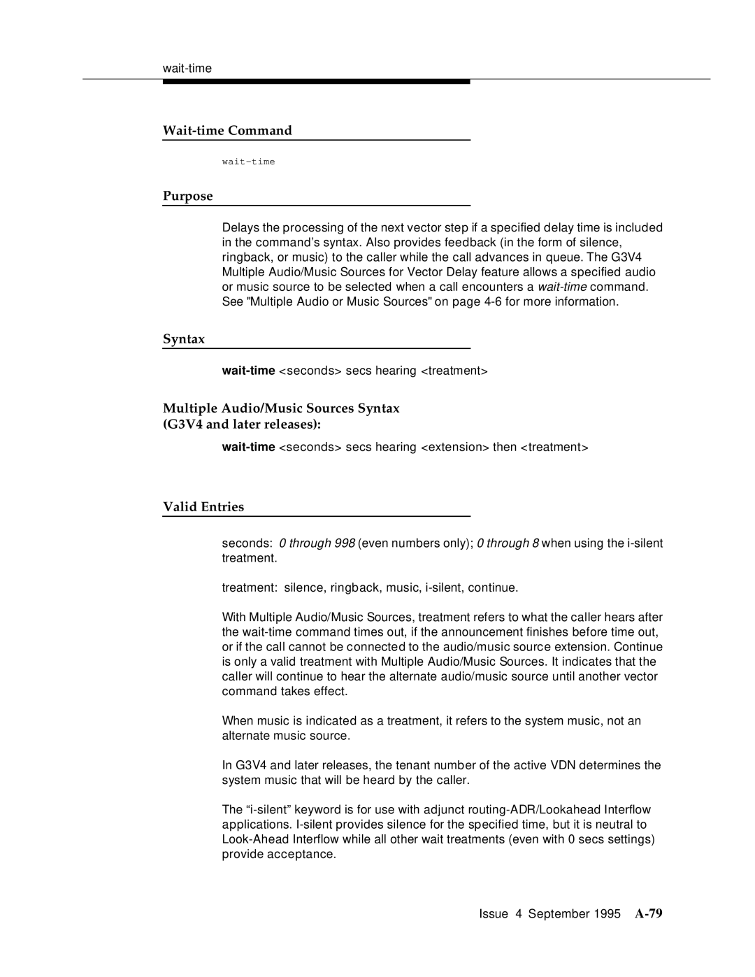 AT&T 555-230-520 manual Wait-time Command, Multiple Audio/Music Sources Syntax G3V4 and later releases 